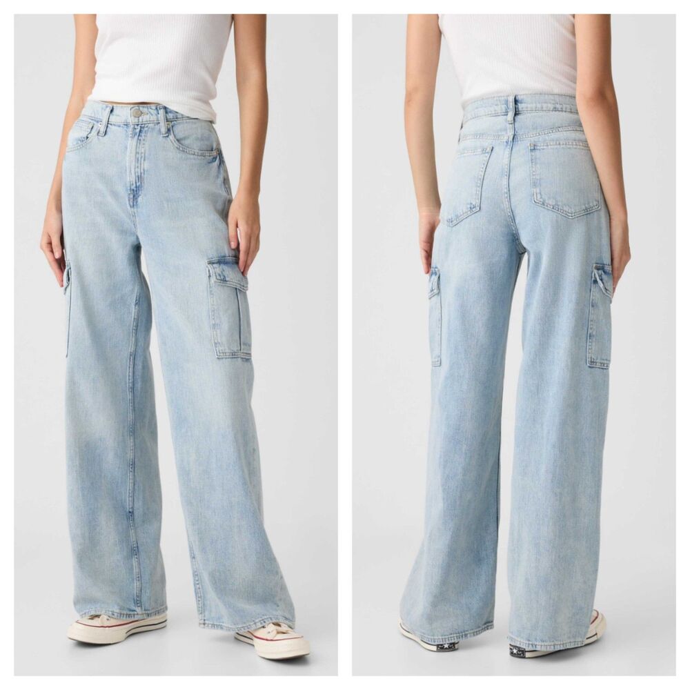 GAP NWT High Rise Wide Leg Cargo Jeans Women’s 10/30 Short Light Wash